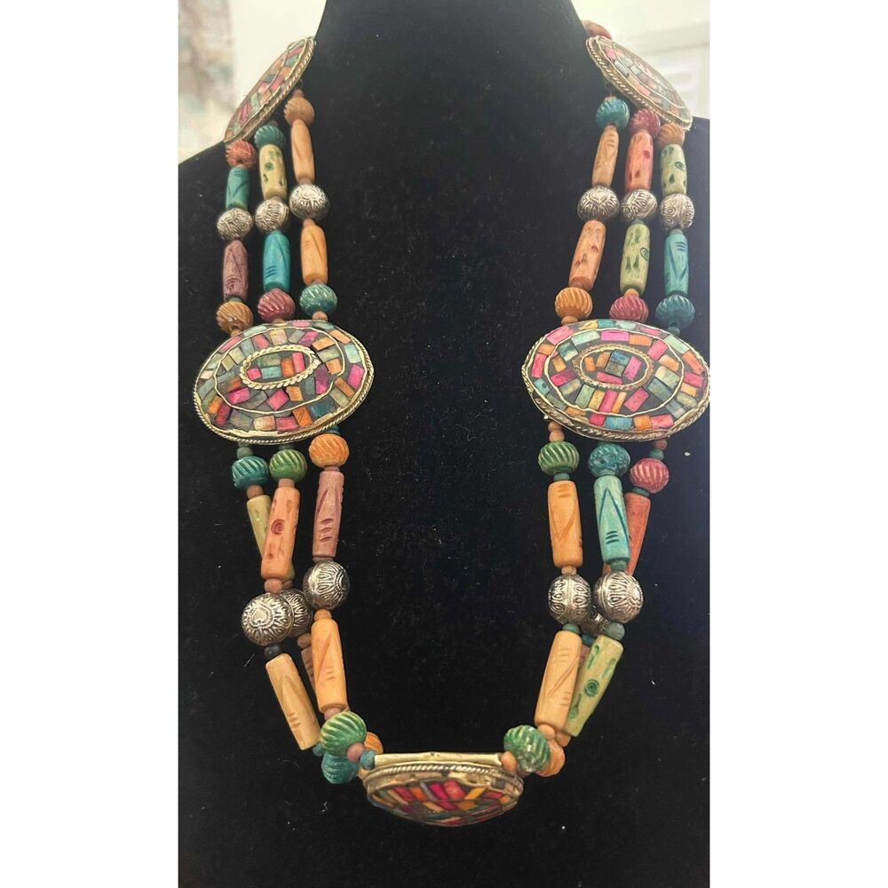 Handmade Bohemian Tribal Necklace w Colorful Beads & Inlaid Oval Medallions